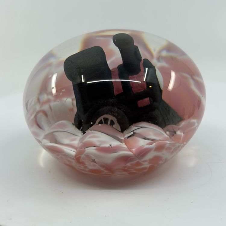 Prestige Art Glass 1992 Signed Elwood Indiana Train Art Glass Paperweight  3.5” *Glows