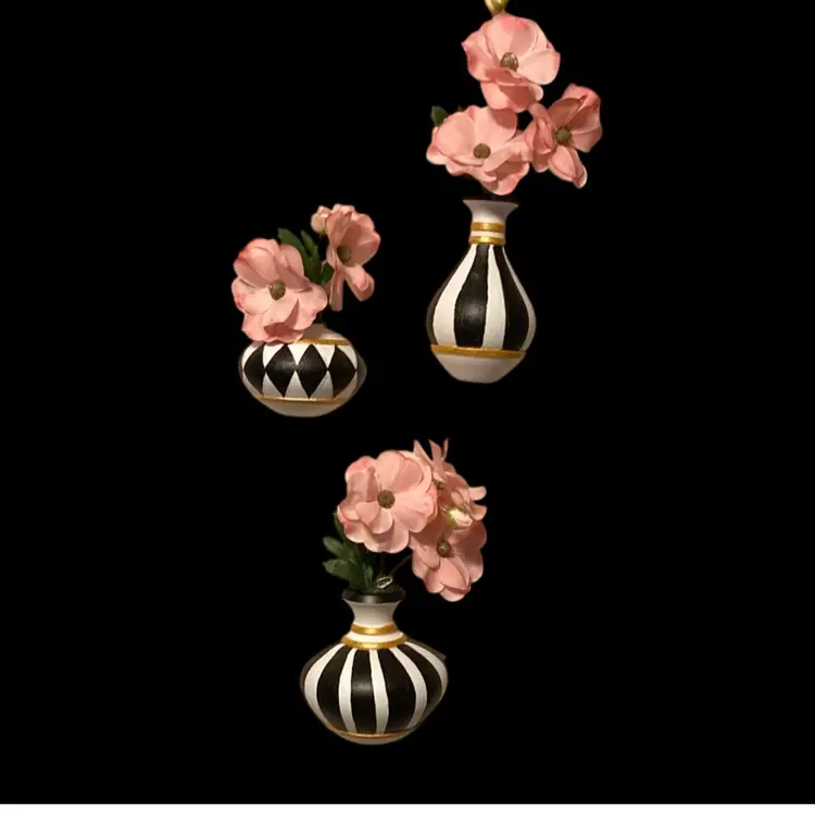 Handmade By Me - Trio Of MCM Wall Vases w/Pink Flowers