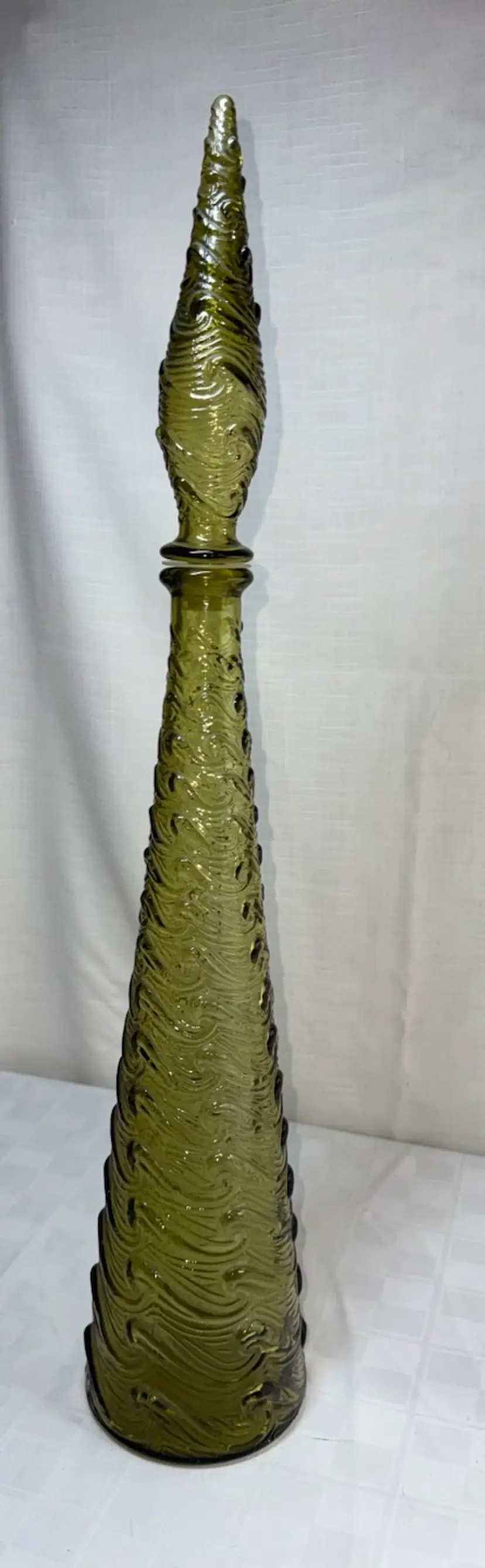 Fabulous Italian Vintage Empoli Sage Green Wave Genie Bottle With Stopper 22”