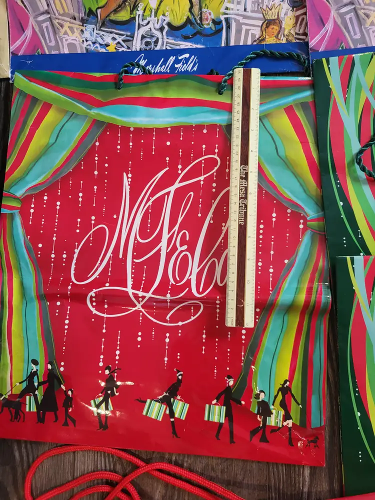 Vintage MARSHALL FIELD's Glossy Holiday Shopping Bag and Paper Lot of 8