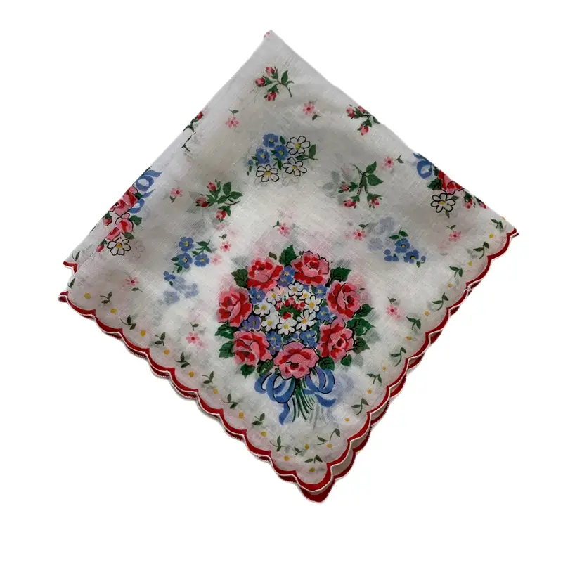 Pink Blue Roses Bridesmaid Wedding Handkerchief Cottage Core Granny Vintage