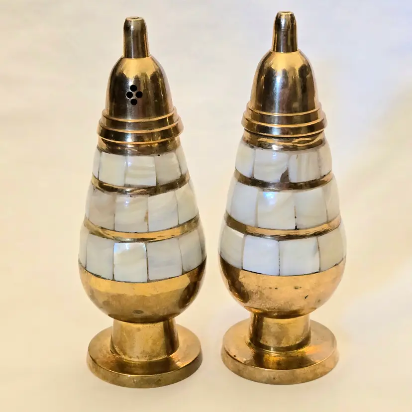 Salt Pepper Shakers Brass & Mother Of Pearl Inlay Set 4½" Tall Unbranded Vintage