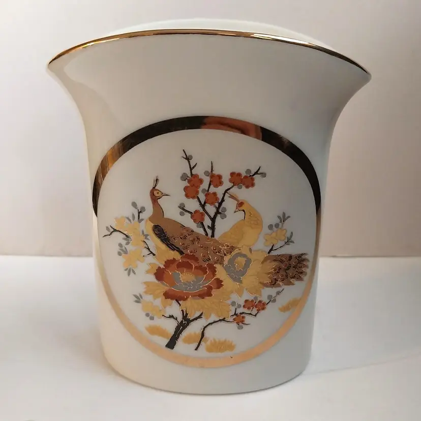 Vintage Japan  Art Of Chokin MASA 24K Gold, White Porcelain Peacock & Flowers Vase