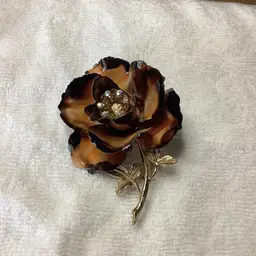 Vintage Flower Brooch  Brown Enamel Tones And AB Rhinestones 3”