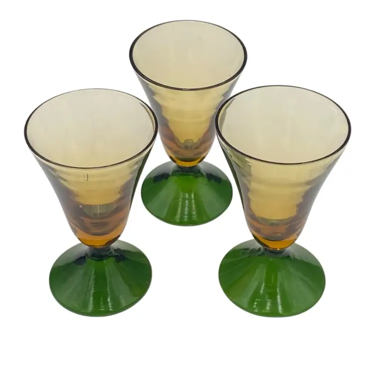 Set of 3, Amber Glass & Green Glass Pedestal Small Cordial Glasses, 3"