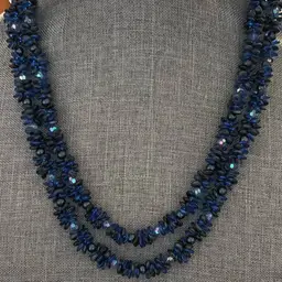 Eye Catching Glass Bead Necklace With Blue AB Crystals And Dark Small Beads Used As Spacers. Lovely Decorated Pull Out Clasp