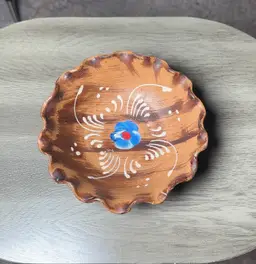 Hand Painted Italian Wooden Bowl Glazed Finish Scalloped Rim With Flower