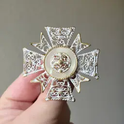 Pastelli Maltese Cross Brooch or Pendant White Enamel Gold Tone Mother Of Pearl