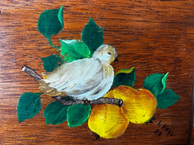 Vintage Hand, Painted Bird Pears On A Limb. Wooden Plaque Signed By Artist 1982.