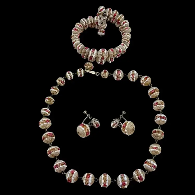 Wedding Cake "Fiorato" Bead Full Set Necklace Earrings Bracelet Italy