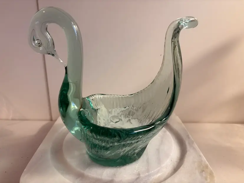 Vintage Art Glass Aqua Green Swan Candle Holder Trinket Dish