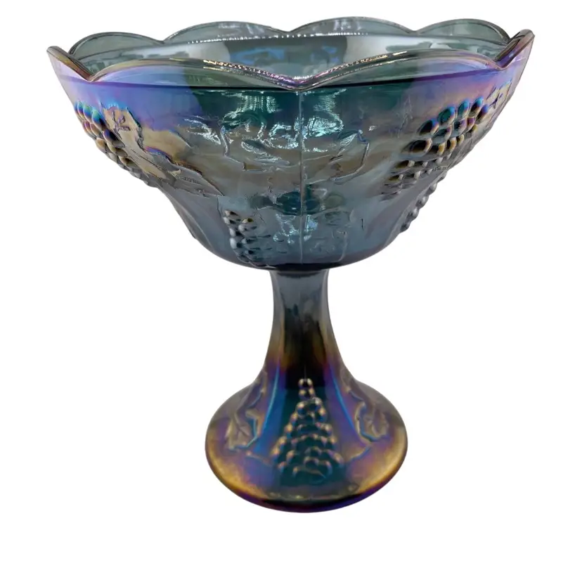 Vintage Purple/Blue Iridescent Indiana Glass Fruit Compote Grape Pattern 7.75" Tall x 7" across at top