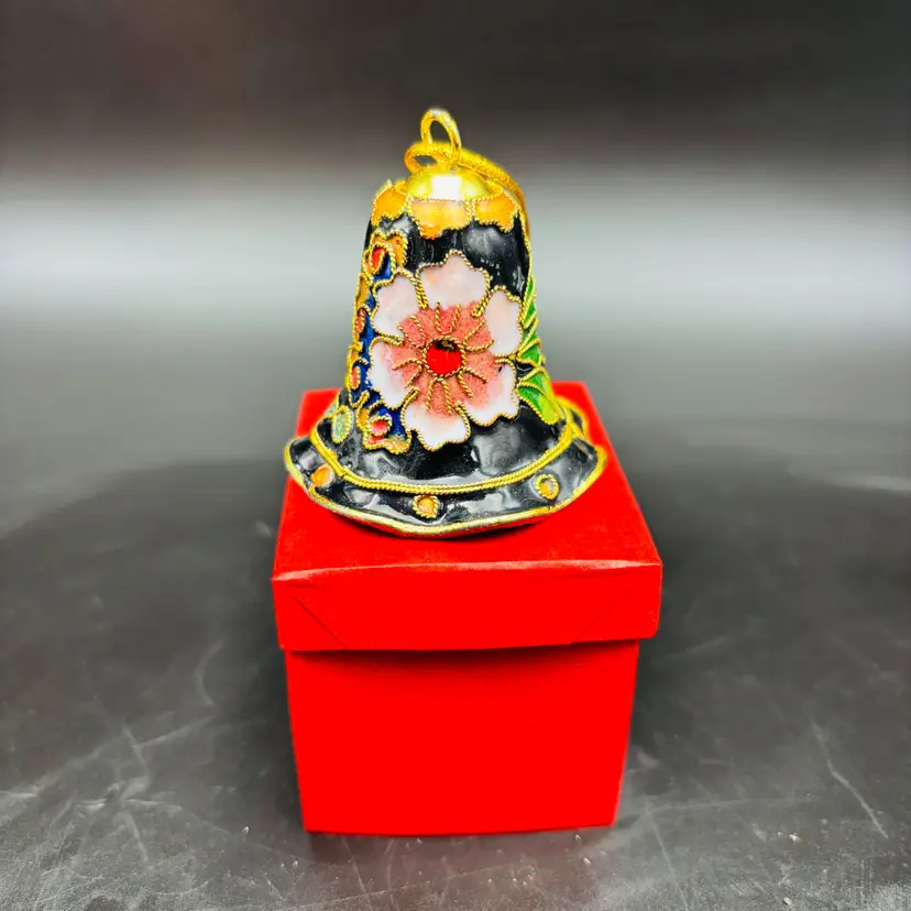 Cloisonne Enamel Metal Christmas Ornament Bell Pink Flower on Black Background 2in
