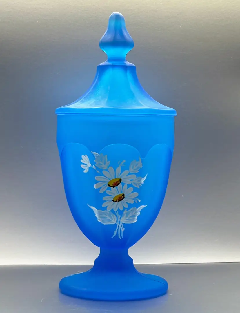 Westmoreland Candy Dish Hand Painted Blue Satin Glass