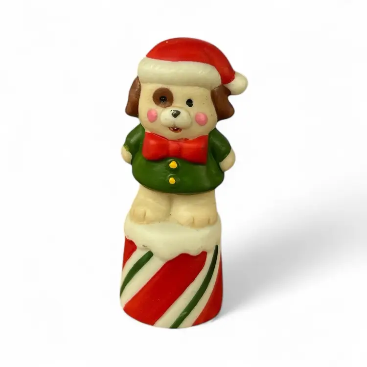 Vintage Christmas Dog Porcelain Thimble Figurine