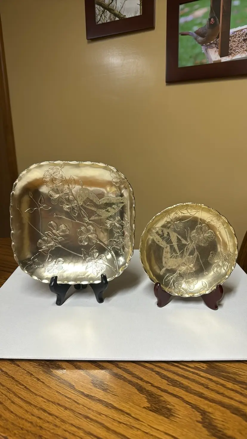 Arthur Armour Gold Anodized Aluminum Butterflies Dogwood Plates Hammered