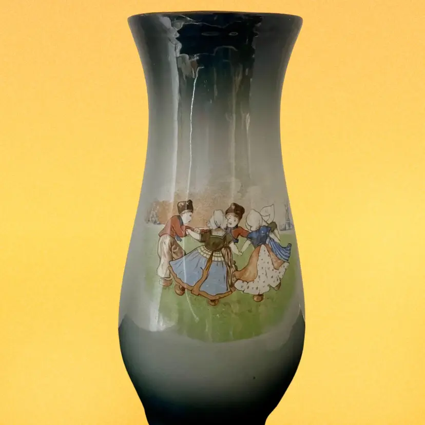 Antique Usona Goodwin Vassar Vase Dancing Dutch People May Day 12” Early 1900s