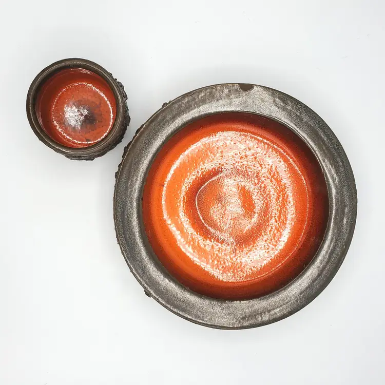 Vintage Glit Lava Pottery Cup And Low Profile Bowl, Iceland, MCM Brutalist