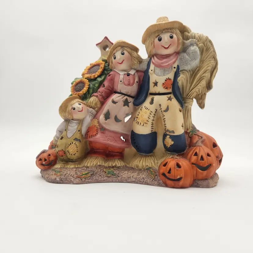 Vintage Scarecrow Family PartyLite Autumn Harvest Ceramic Candle Holder Pumpkins