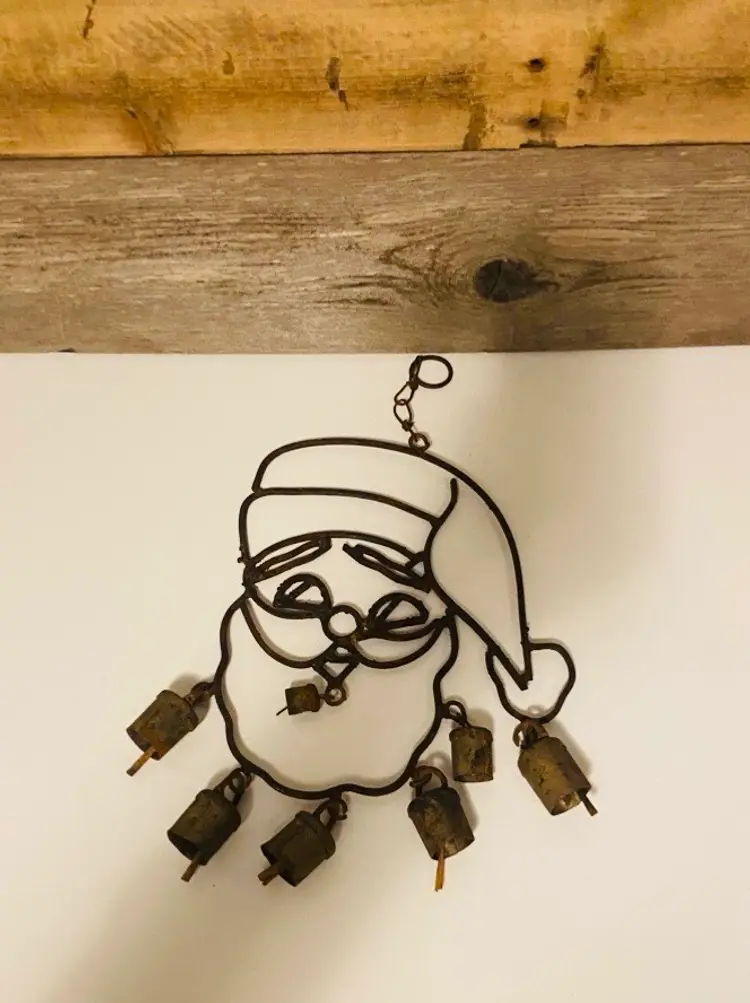 Vintage Metal Rusty Weathered Santa Bell Wind Chimes Primitive Farmhouse Cottage Garden Accents