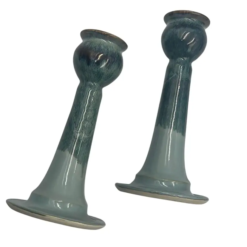 Pottery Candlesticks (2) Blue Drip Glaze 6.75”