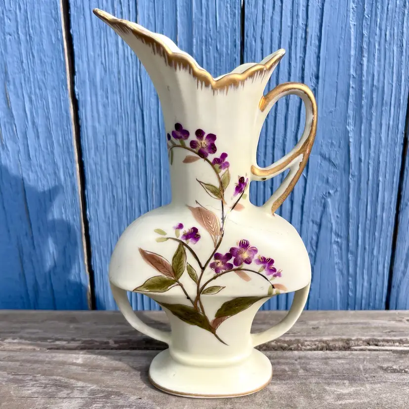 Vintage Handpainted Floral Pitcher Vase Purple Flowers Gold Gilded Accents Sm