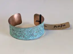 Anju Handcrafted Copper Cuff Bracelet Turquoise Hues and Florals NOS