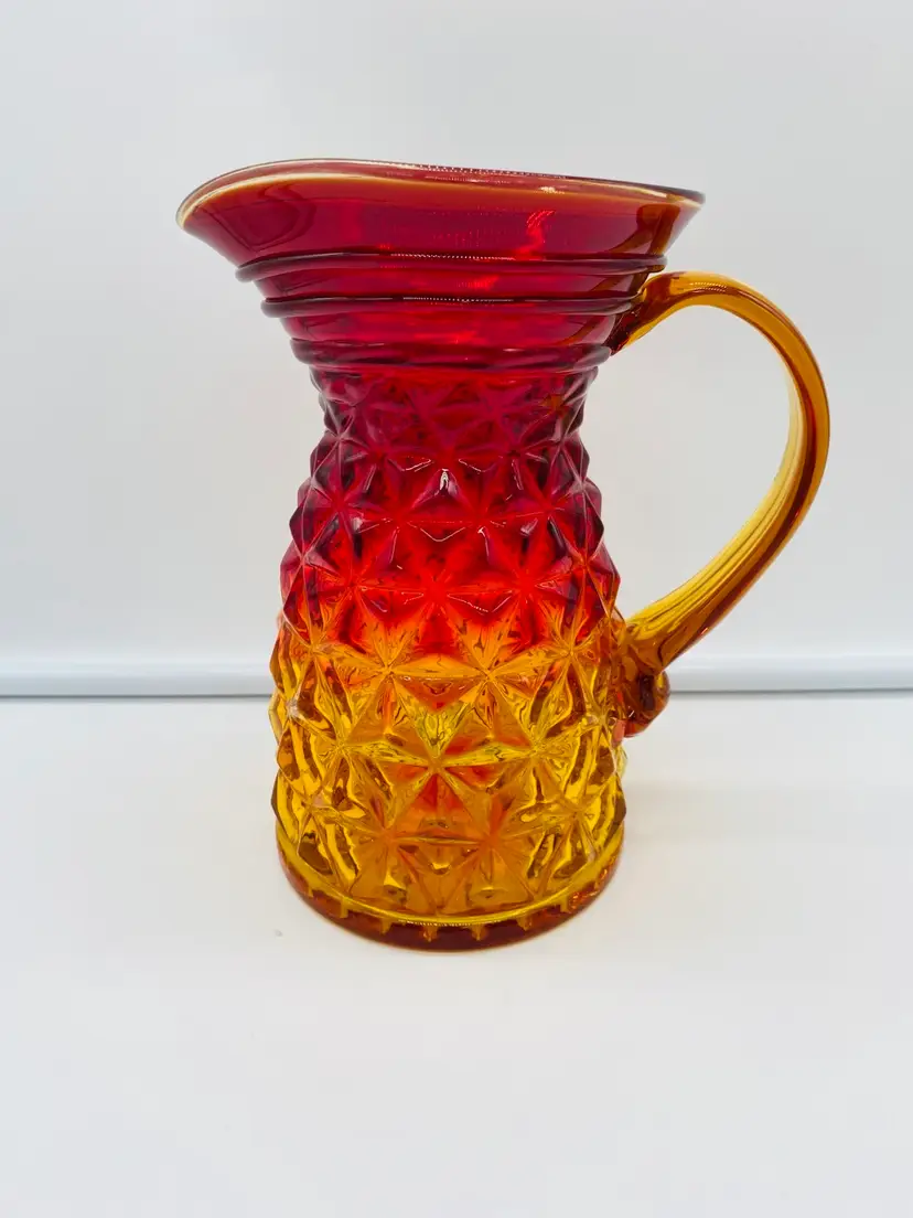 Vintage 7-1/2" Mt Vernon-Amberina Imperial Glass Diamond Pattern Pitcher UV Glow