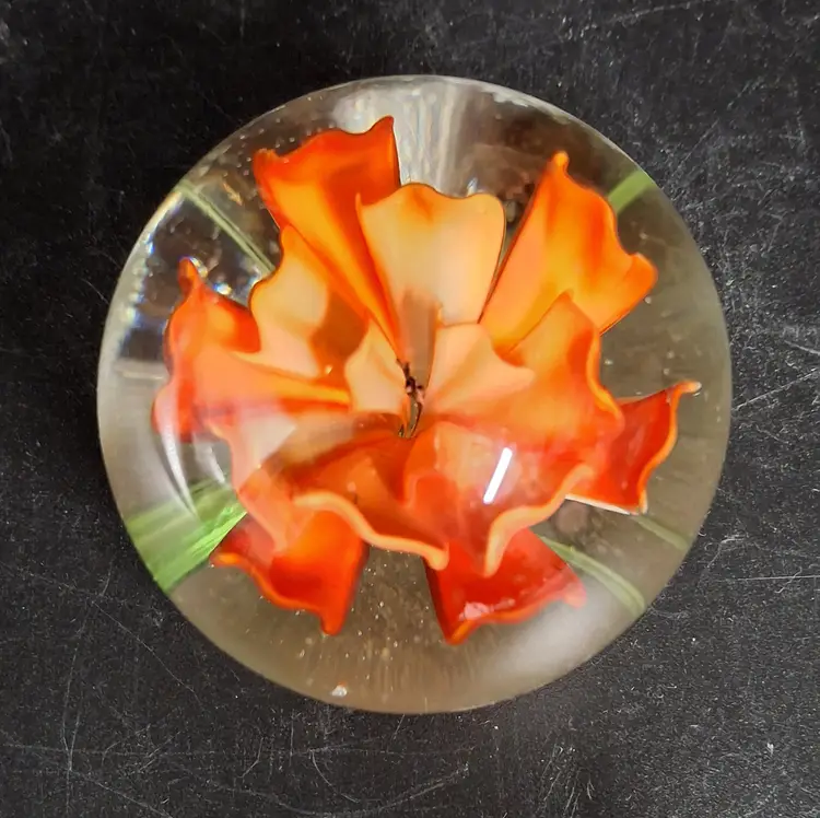 Floral Scarlet Art Glass Paperweight – 2.25" Diameter, 1.75" Tall