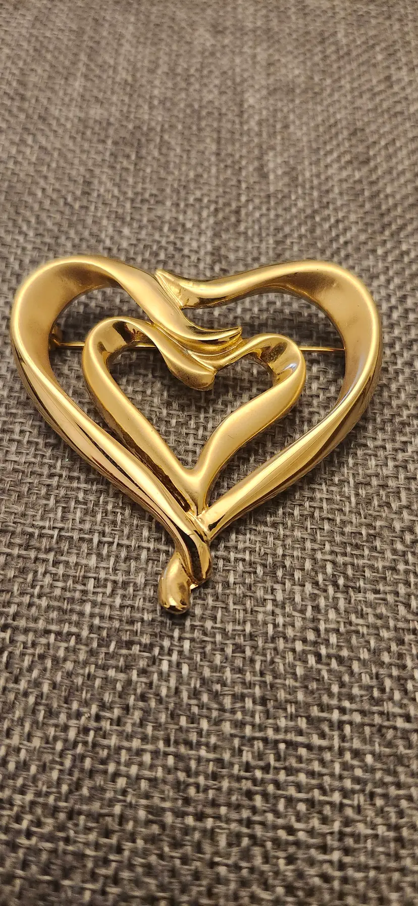 #01 Vintage Danecraft Gold Tone 2" Brooch Pin Double Heart-In-Heart