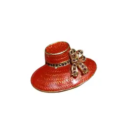 Red Hat With Purple Rhinestones Brooch 1.75” L X1.25” T