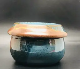 Studio Art Pottery Stoneware Butter Bell French Crock Blue Tones Artist Signed