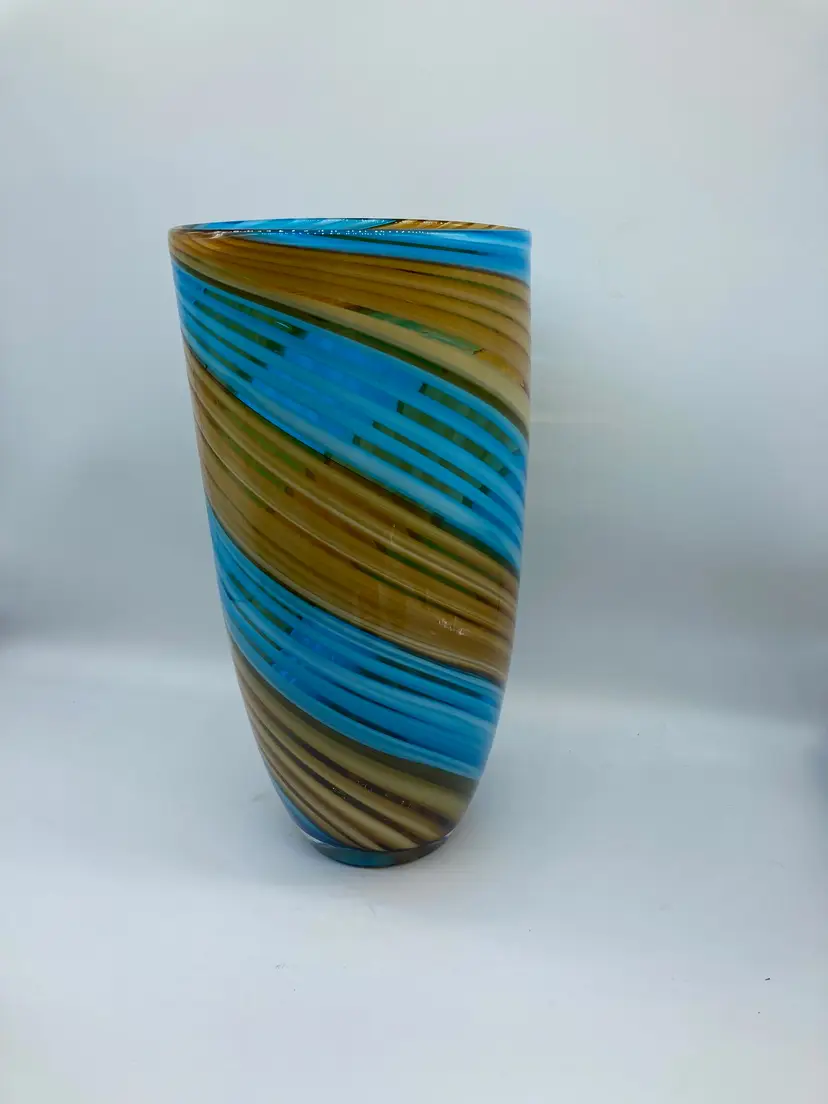 Blue / Caramel Swirl Blown Art Glass Vase - 10.5" x 5"