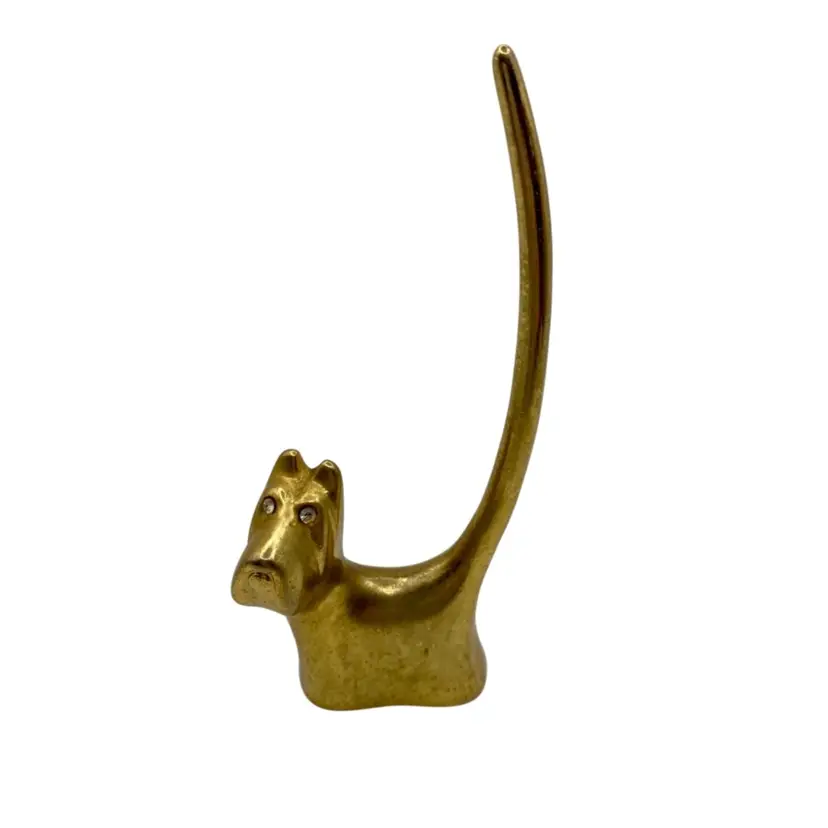 Vintage Solid Brass Scotty Dog/Terrier with Rhinestone Eyes, Ring Holder/Decor