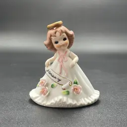 Josef Originals Girl of the Month January Pink Flowers Halo Winter Figurine VTG