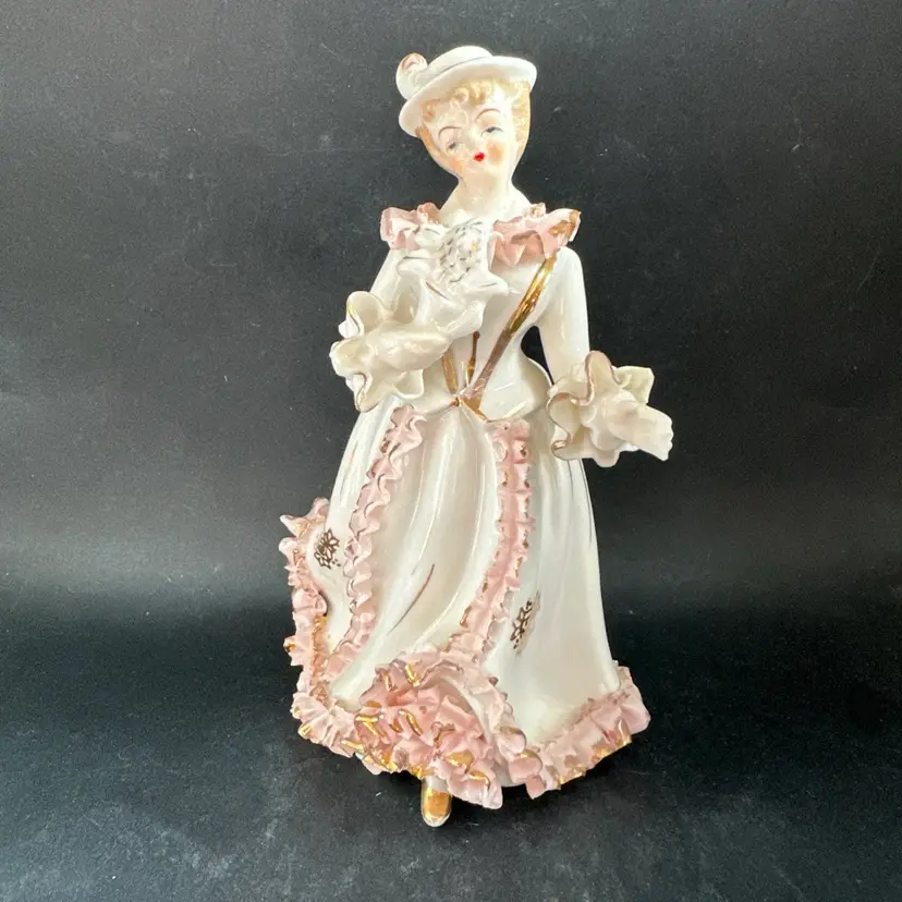 Occupied Japan Victorian Woman with Beautiful Hat & Detailed Ruffled Dress Figurine 6” H
