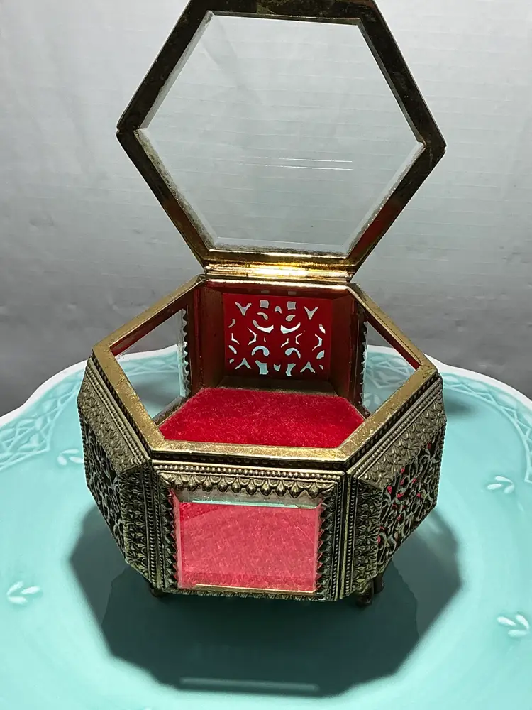 Vintage Ormolu Filigree Jewelry Casket Glass Beveled Hexagon Trinket Box