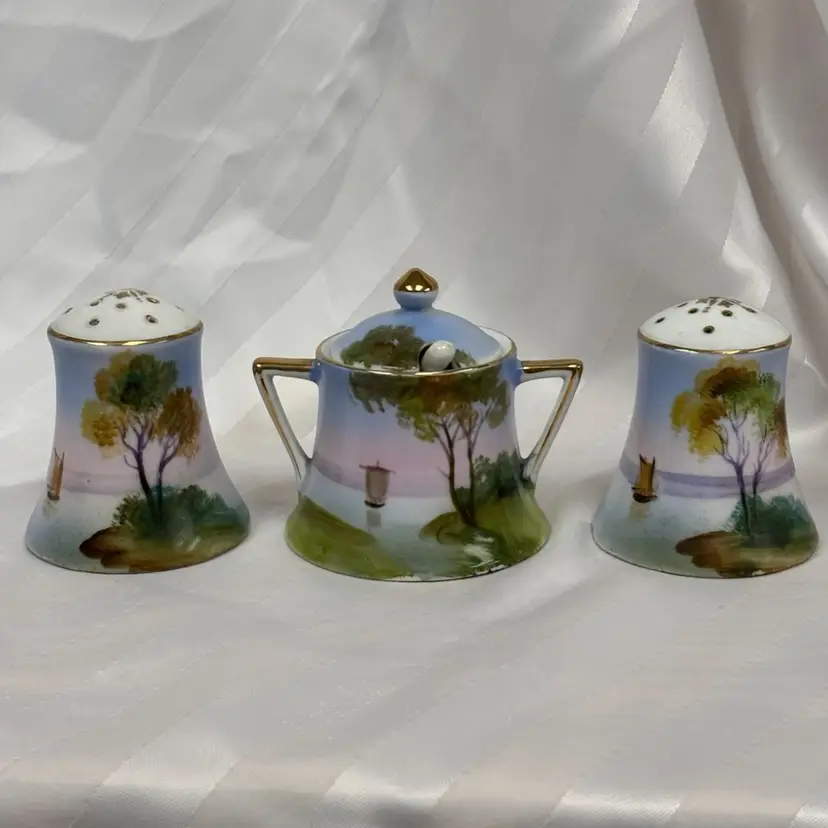Antique Nippon Hand Painted Porcelain Condiment Dish w/Spoon, Salt & Pepper 18kt