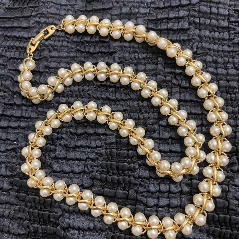 Vintage Napier Woven Faux Pearl Goldtone Chain Necklace