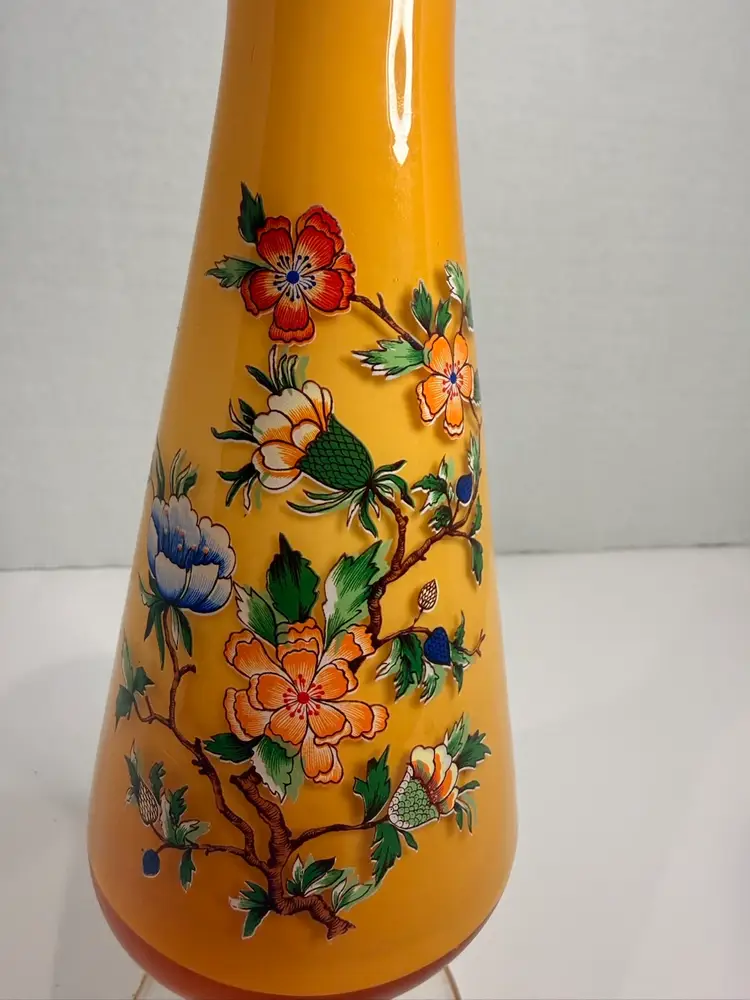 Yellow Cased Art Glass Vase With Floral Design