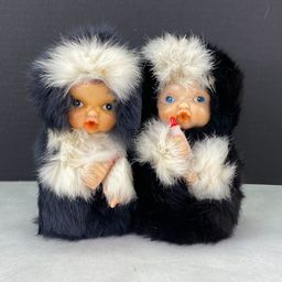 Vintage Rubber Head Hands in Black White Fur Bottle Baby Eskimo Doll Lot of 2