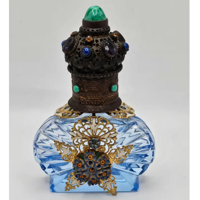 Vintage Antique Czechoslovakia Czech Republic Perfume Bottle Max Neiger Rare Jeweled Stones Brass Gems Handmade