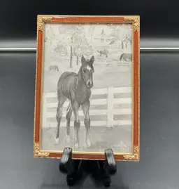“Foal” pencil drawing by Mary Bunning 1994 in vintage frame.