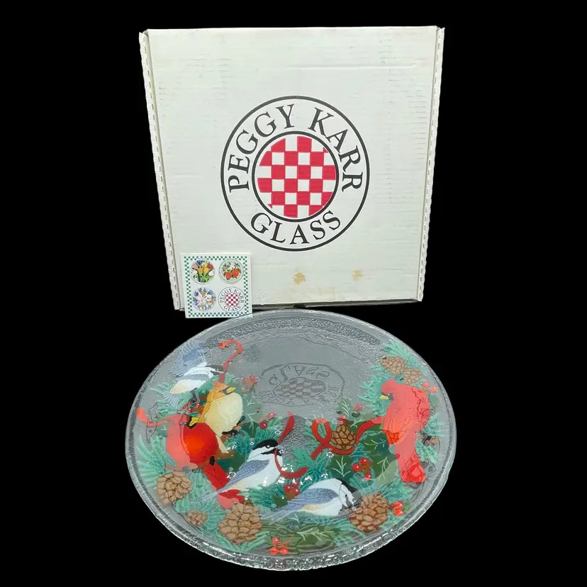 Peggy Karr Glass 14” Holly Platter Christmas Pinecones Cardinals Chickadees VTG