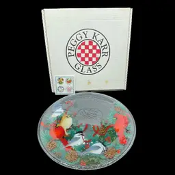 Peggy Karr Glass 14” Holly Platter Christmas Pinecones Cardinals Chickadees VTG