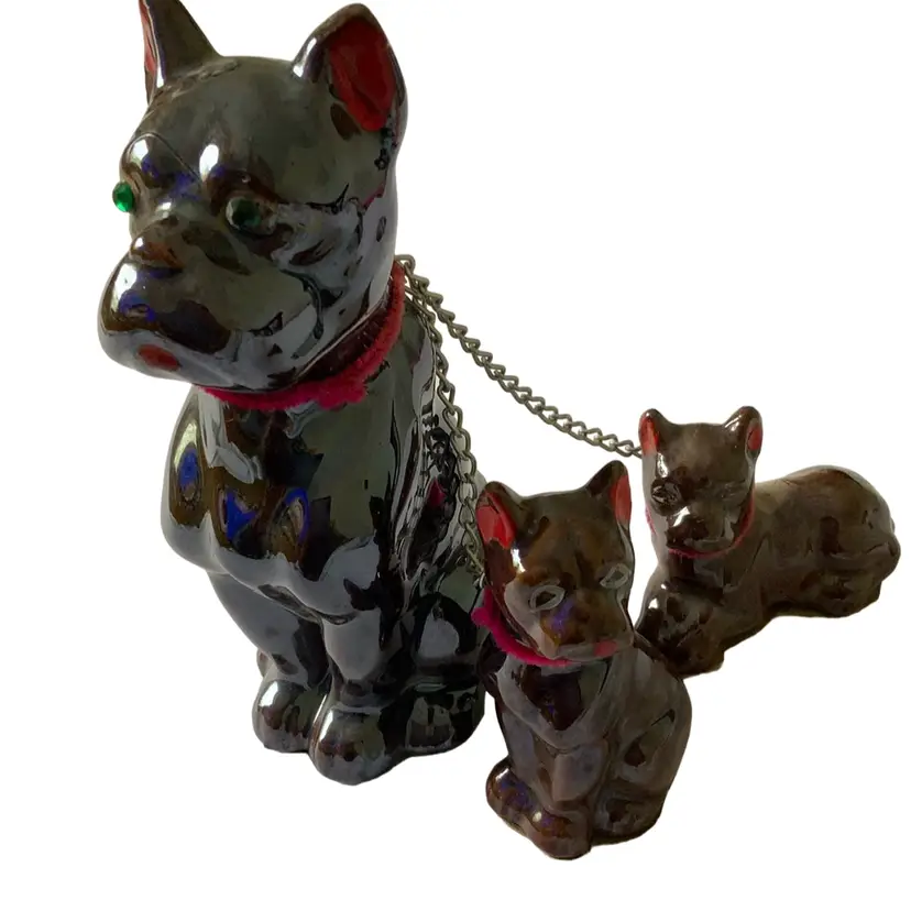 Vintage Red Ware Pottery Boxer Dog With Two Puppies On Chain With Green Rhinestone Eyes On Momma Dog Made In Japan