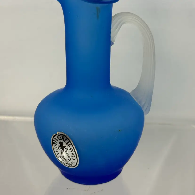 Satin Blue Pilgrim Glass Pitcher With Applied Handle