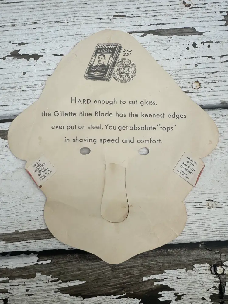 1939 Vintage Gillette X Disney Pinocchio Promotional Mask