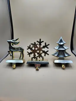 3 Brass Christmas Stocking Holders, Tree, Snowflake & Reindeer