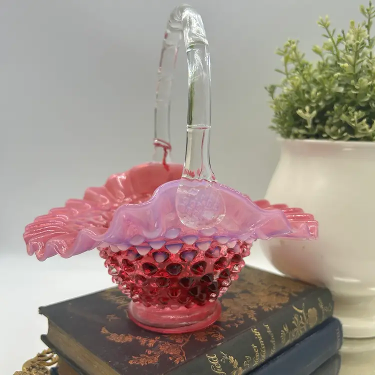Vintage Pilgrim Art Glass Cranberry Opalescent Hobnail Ruffle Crimped Basket
